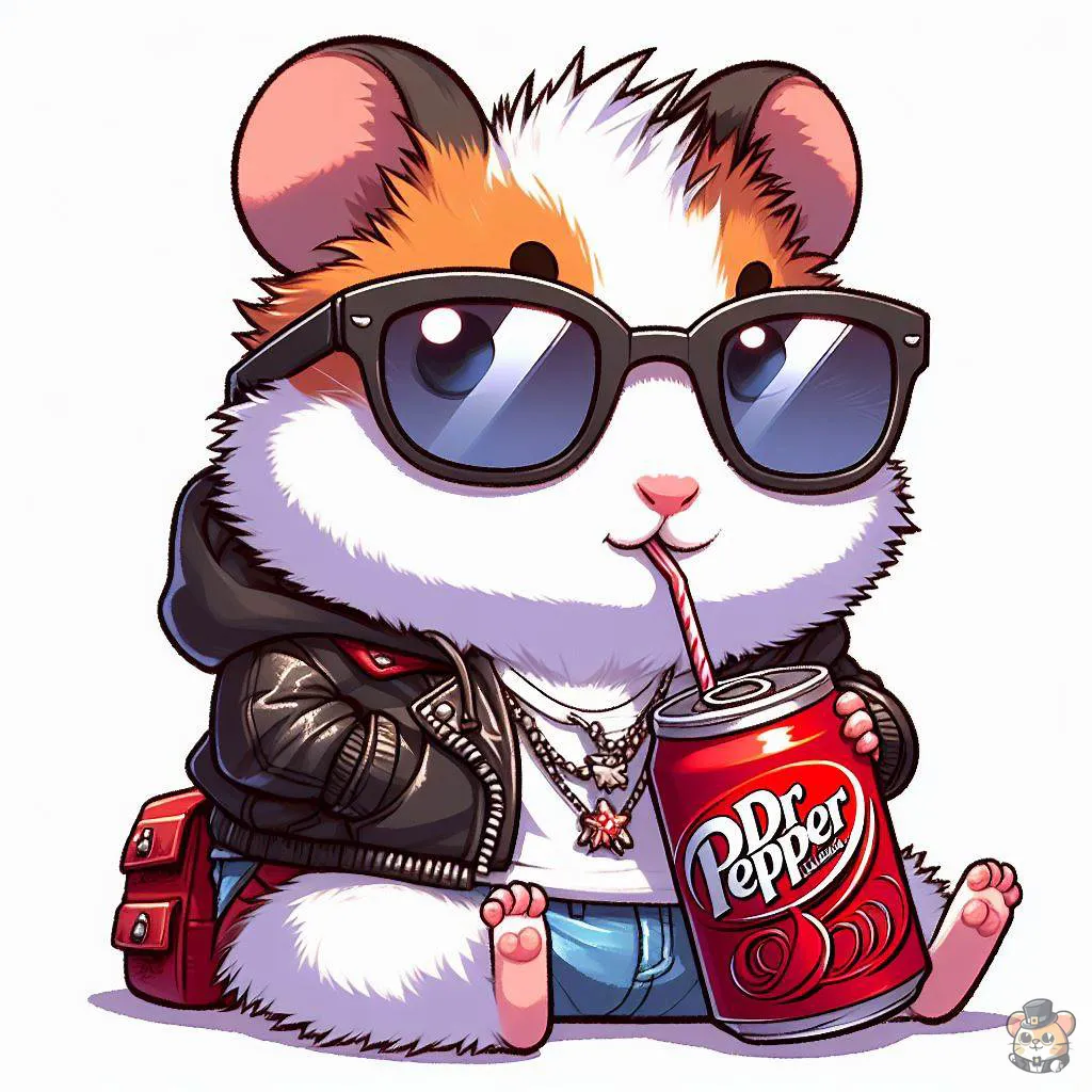 A cartoon picture of a hamster drinking a can of Dr Pepper. Hamsters can't drink this kind of drink.