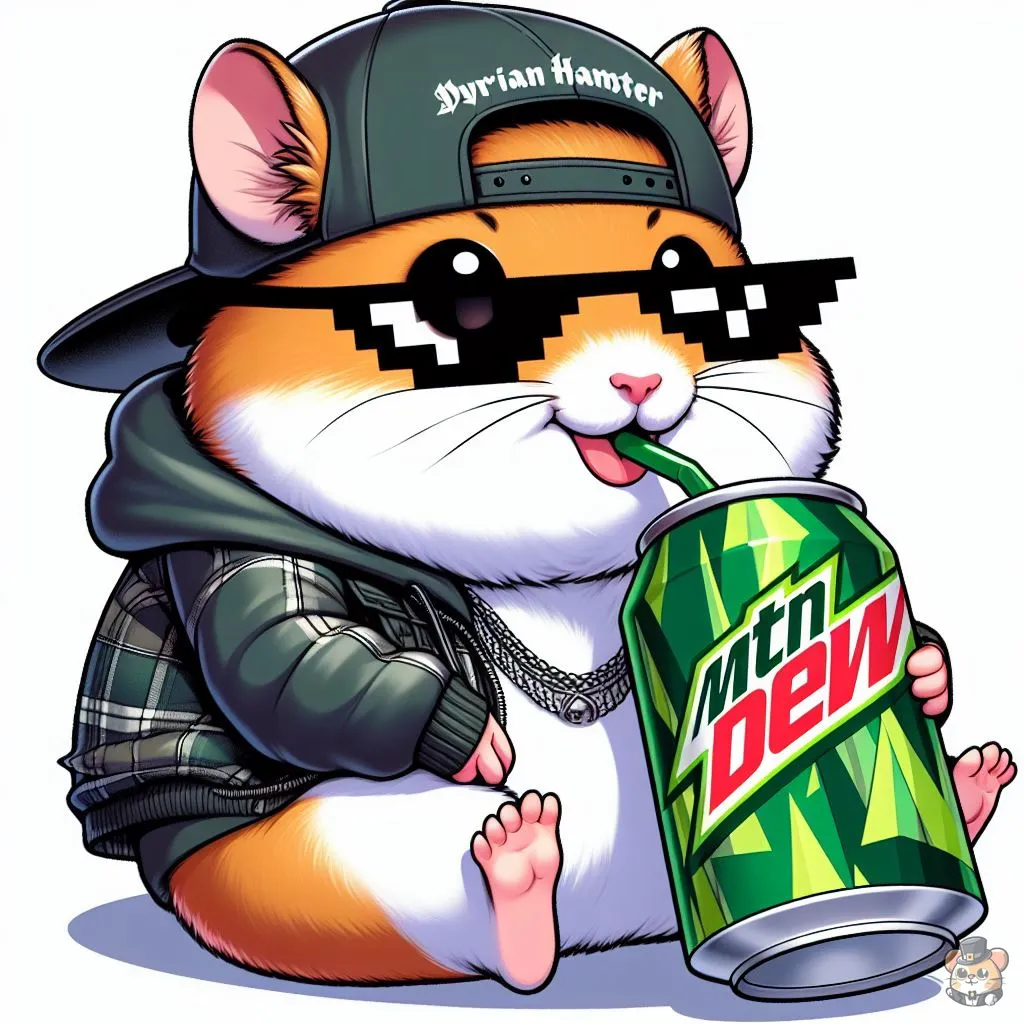 This is an anime drawing of a cute hamster wearing cool clothes. He has meme sunglasses on with a backwards cap. He is drinking a can of mountain dew with a straw. This drink is not safe for pet hamsters.
